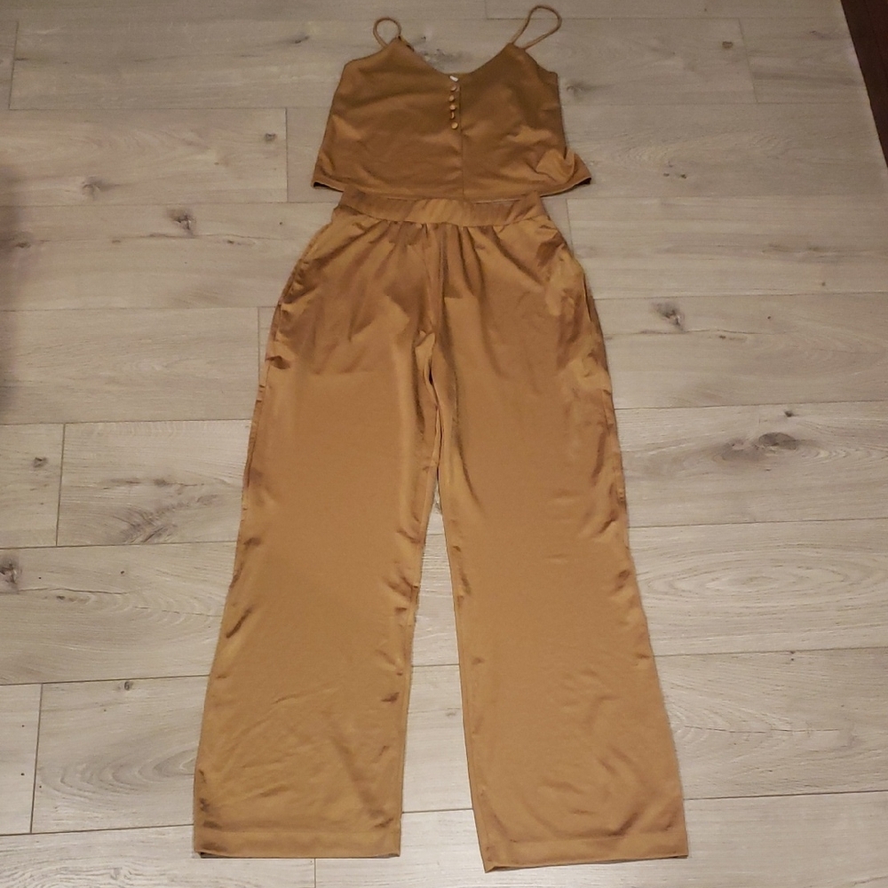 Zara Tan Jumpsuit with Spaghetti Straps and Wide-Leg Design